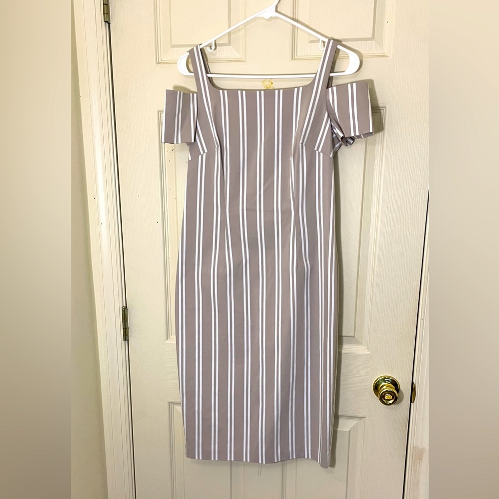 NWOT Calvin Klein Beige Stripes Cold Shoulder Dress Size 6